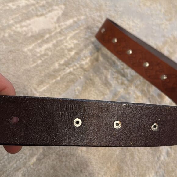 Vintage Linea Pelle studded leather belt with floral two toned metal buckle main image 4
